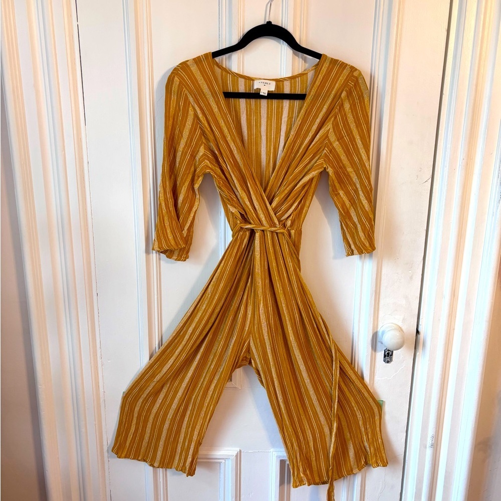 Everly Mustard Yellow Striped Wide Leg Belted Cropped Jumpsuit Size Small